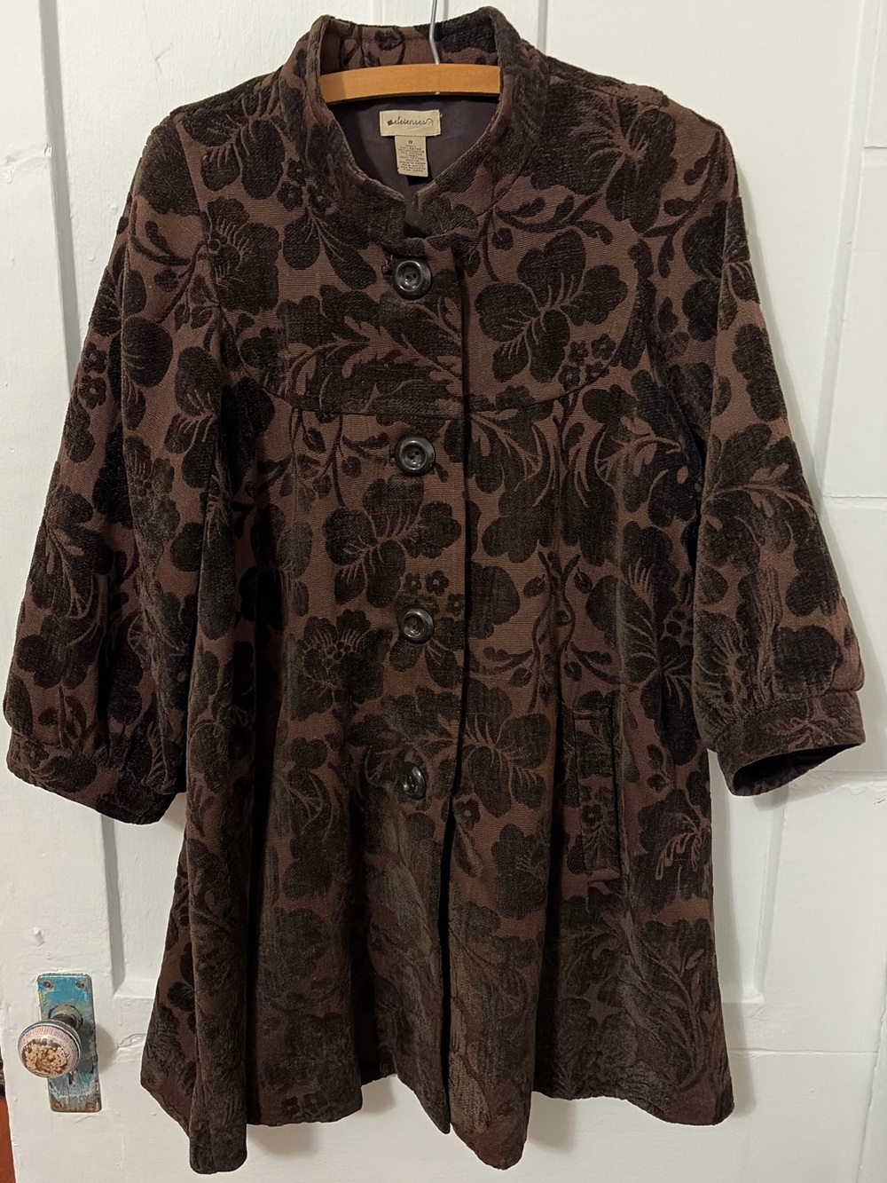 Anthropologie Brown Floral Velvet Swing Coat by Elevenses GUC